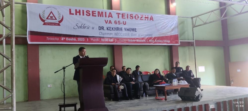 Chairman, NBOCWWB Dr Kekhrie Yhome speaking at the 65th Lhisemia Khel day of Kohima Village observed today at L Khel, Kohima Village. (Morung Photo)